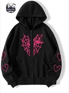 Oversized Zip Up Hoodie Jacket with Gothic Spider Web Heart Print Streetwear